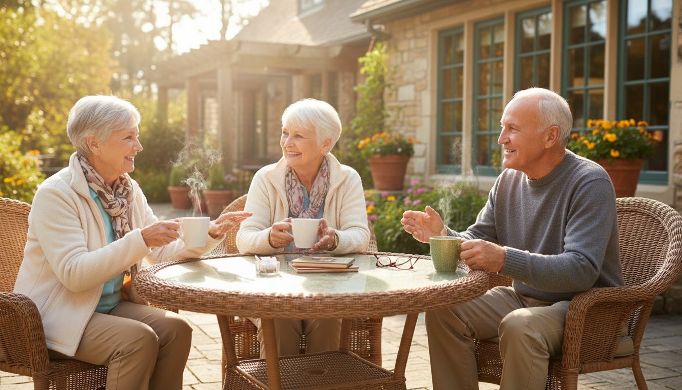 Senior residents enjoying morning coffee and conversation on outdoor patio at assisted living community in Ojai, California