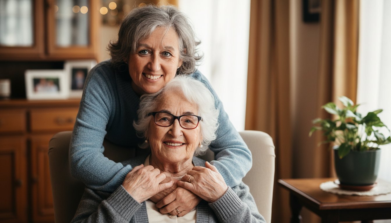 Happy senior resident with adult daughter embracing in cozy independent living apartment at Gables of Ojai, California showcasing family connections and comfortable home environment