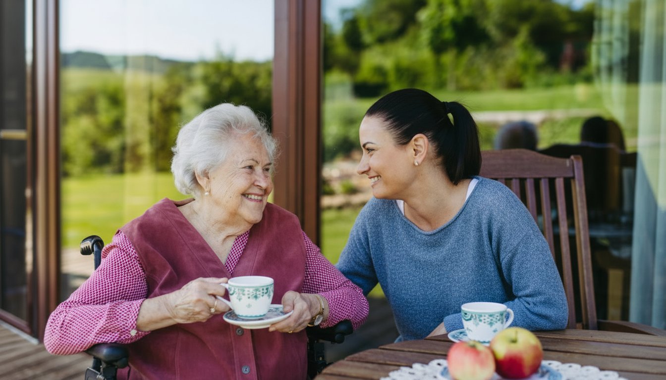 Compassionate memory care caregiver sharing tea and meaningful conversation with senior resident with dementia outdoors at Ojai, California memory care community