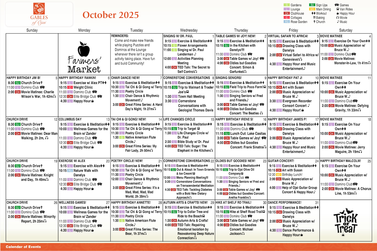 Gables of Ojai Monthly Newsletter and Calendar of Events